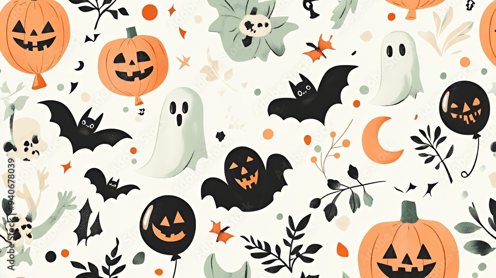 Wall mural a festive halloween-themed pattern featuring pumpkins, ghosts, bats, and decorative elements.