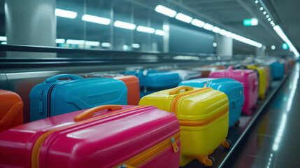 Fototapeta premium A dynamic scene at an international airport terminal showing various sizes and colors of luggage on conveyor belts, ready for passenger check-in and transportation