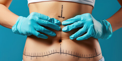 Surgeon preparing for abdomen plastic surgery procedure with markings and gloves in a clinical environment