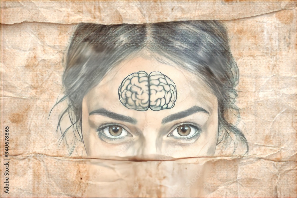Poster surreal portrait of a woman with a brain symbol on her forehead symbolizing the power of thought sel