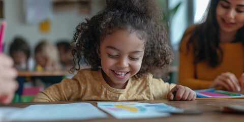 Smiling Teacher Assisting Young Child with Learning Activity in a Bright Classroom