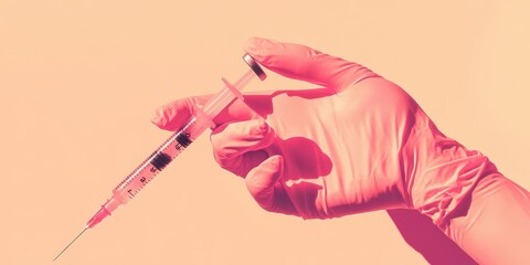 Hand wearing a light pink glove holding a syringe prepared for plastic surgery procedure in a clinical setting