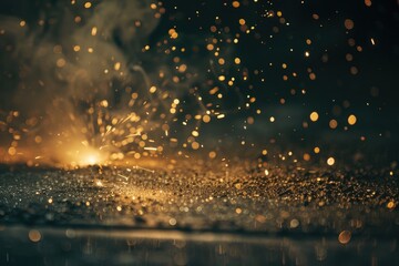 Glowing flow of steel metal welding spark dust particles shine in the sparkly dark background