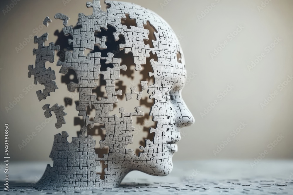 Poster a white sculpted head with pieces missing reflecting the fragile nature of memory identity and the e