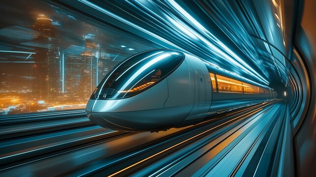 A high-speed hyperloop train traveling through a futuristic tunnel. The exterior of the train is sleek and aerodynamic, with a cityscape visible in the distance.