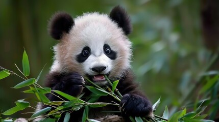 Fototapeta premium Giant Chinese panda eating bamboo in asian tropical forest, natural habitat. Endangered rare species animals, red book. Hungry cute adorable black and white bear close up. Wild nature.