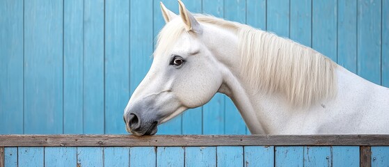 Fototapeta premium A white horse stands next to a blue wall, its head extended over a wooden fence, gazing beyond it