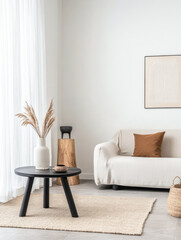 Minimalist living room interiors with elegant decor, cosy ambient and natural lighting. Residential interior design composition.