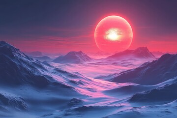 A red giant rises over a snowy, alien landscape.