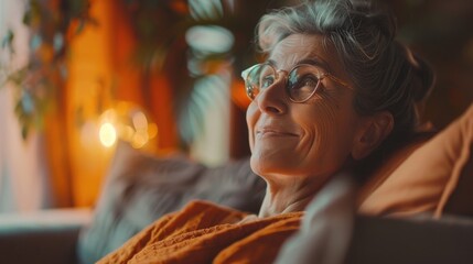 Obraz premium Portrait of happy woman relaxing at home on couch.