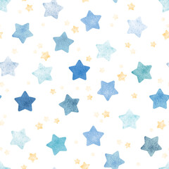 watercolor star seamless pattern vector. Cute blue and yellow stars. Funny day and happy sky. Beautiful design for baby dress, child skirt, kid cloth, wrapping, paper, card, print, cover, confetti.