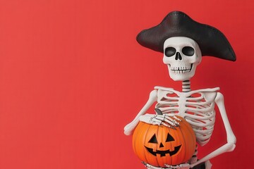 Skeleton pirate holding a Halloween pumpkin, clay figure, 3D illustration