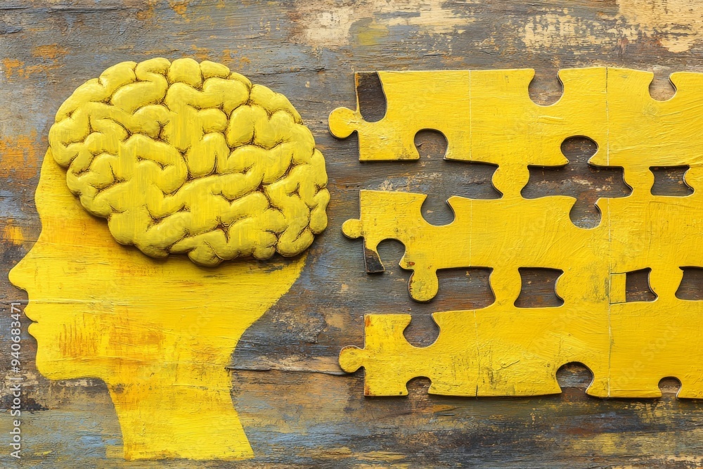 Poster a detailed profile of a woman’s head with puzzle pieces embedded in a textured background representi