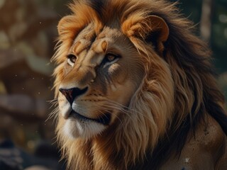 Obraz premium Majestic Lion in Thoughtful Profile, Bathed in Warm Sunlight