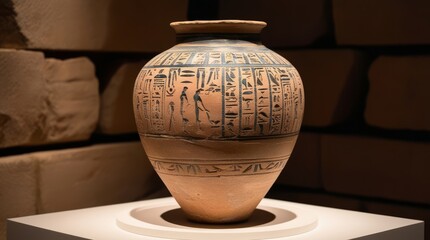 An ancient Egyptian ceramic vase with hieroglyphic engravings, placed in a dimly lit environment with a backdrop of sandstone walls, highlighting the mystical and historical essence.