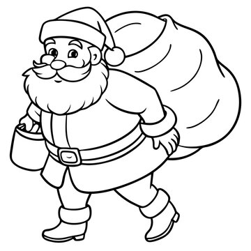 recommend clip art: Christmas outline vector santa claus with a bag of gifts black on white