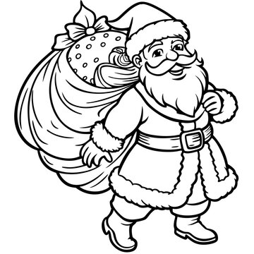 recommend clip art: Christmas outline vector santa claus with a bag of gifts black on white