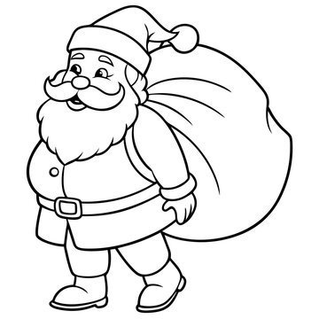 recommend clip art: Christmas outline vector santa claus with a bag of gifts black on white