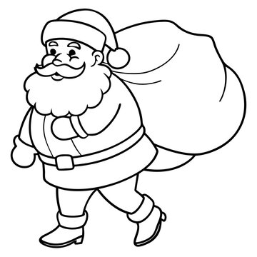 recommend clip art: Christmas outline vector santa claus with a bag of gifts black on white