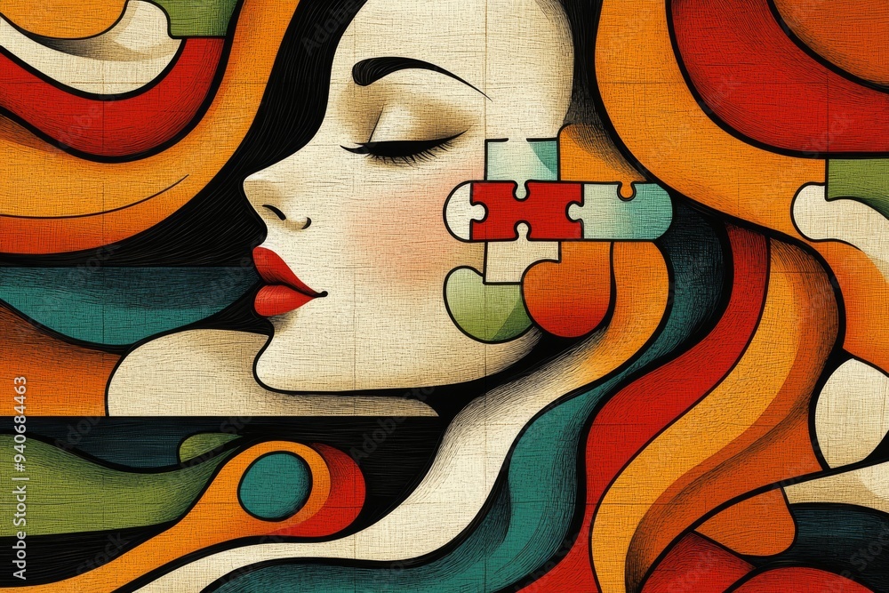 Poster abstract illustration of a woman’s face integrated with swirling patterns symbolizing the fluidity o
