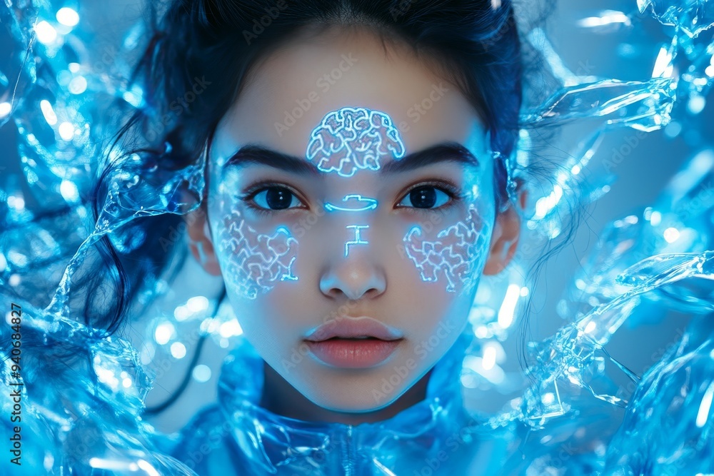 Poster close up of a woman’s face with glowing digital patterns representing the integration of technology 