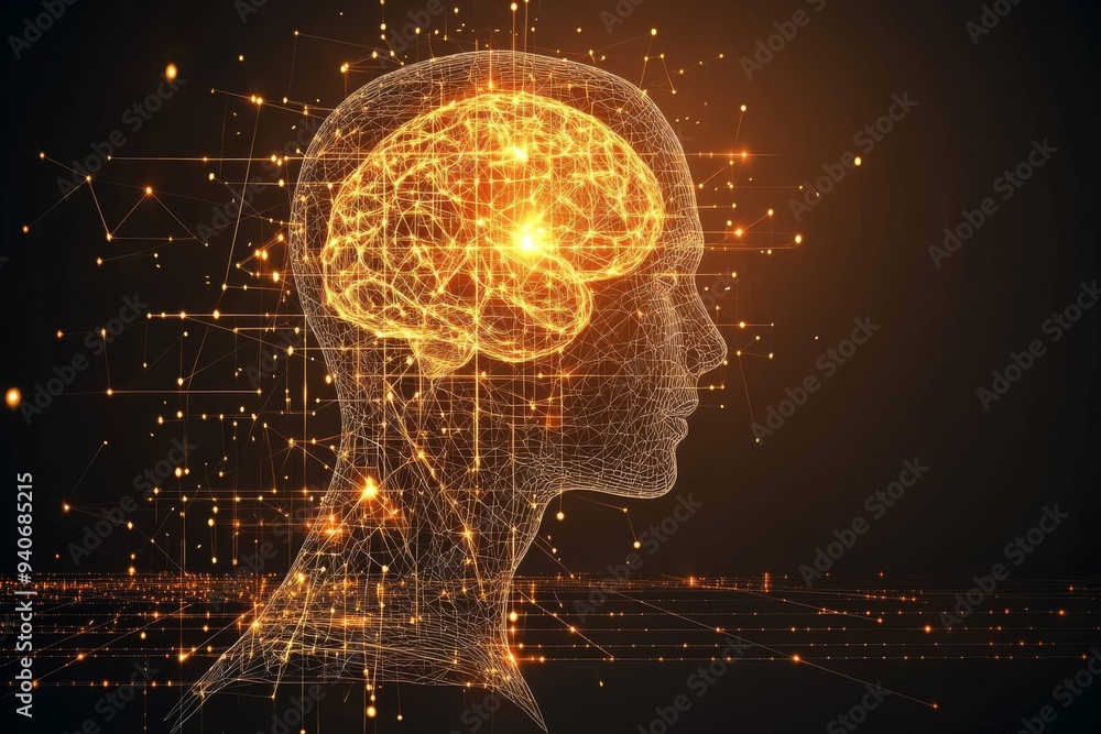 Poster abstract illustration of human head composed of glowing circuits symbolizing the power of thought th