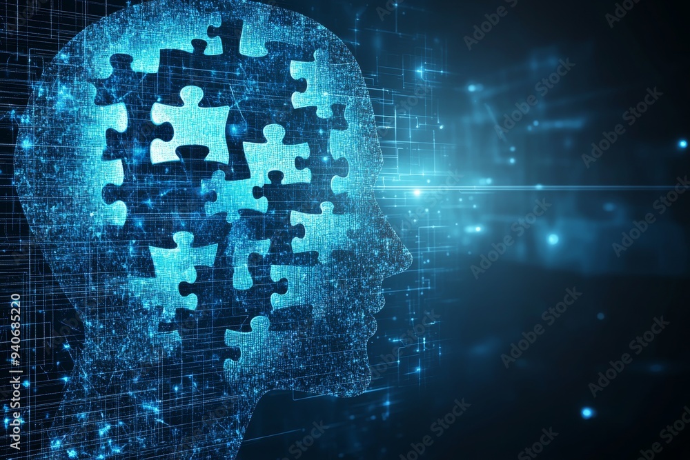 Poster high tech profile of human head with puzzle pieces symbolizing intersection of technology and the mi