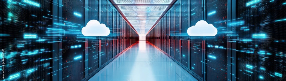 Poster futuristic data center with glowing servers and cloud icons, representing advanced technology and di