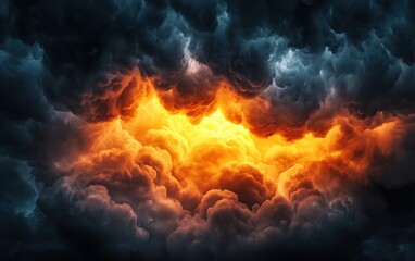 Dramatic cloudscape with intense orange and black clouds resembling fire and dark smoke, creating a visually striking, almost apocalyptic scene.