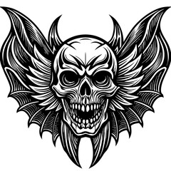 Black skull with wing silhouette illustration on white background 