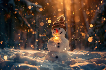 Obraz premium Christmas greeting card with bright winter holiday snowman and New Year background