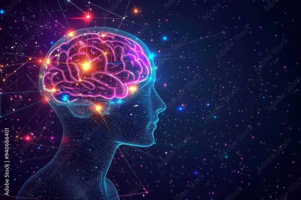 Poster futuristic representation of a human brain glowing with vibrant neural connections symbolizing cutti