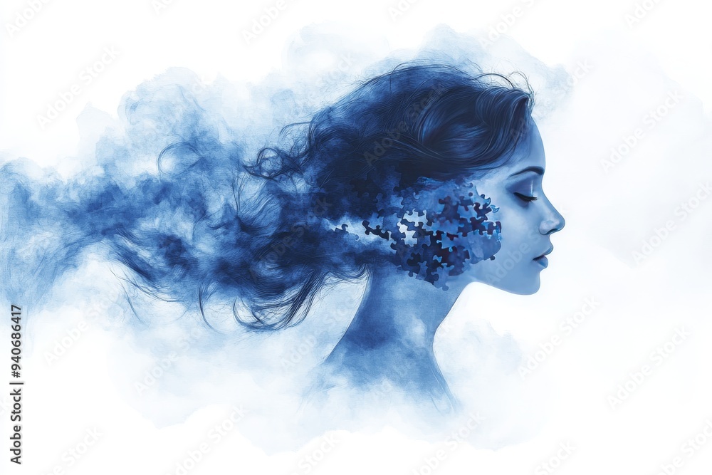 Poster abstract illustration of a woman’s profile dissolving into mist symbolizing the fragility of memory 