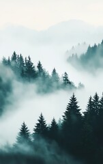 Misty mountain landscape with dense pine forest. Mysterious and serene atmosphere during the foggy morning.