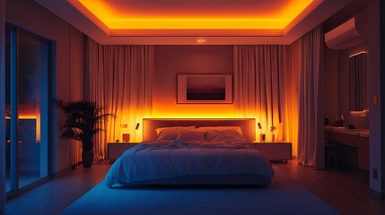 A smart bedroom where the lights dim automatically, the curtains close by themselves, and a voice assistant prepares the room for sleep. The setting is calm, with soft lighting and a luxurious bed.