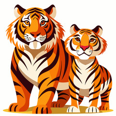 Fototapeta premium Two Cartoon Tigers Standing Together on a White Background