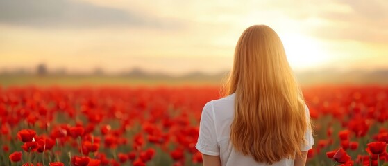 Naklejka premium A woman's head turned away, surrounded by a sea of red blooms Sunlight filtered through drifting clouds