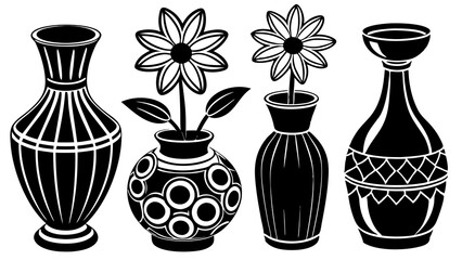 set of black flower and vase different styles vector illustration on white background