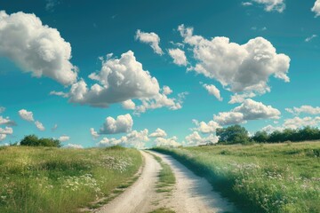 Fototapeta premium road nice country road with blue sky and white clouds background