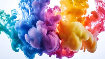 Colorful Ink Droplets: Vibrant ink droplets suspended in motion, blending together on a white background in a mesmerizing display.
