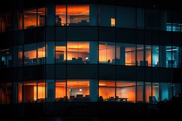 Office Building At Night. Metaphor of Overtime Work and Ambition in the Business World