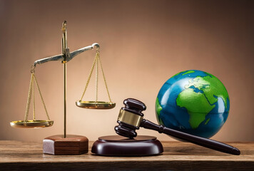 Environmental law - judge gavel, glass Earth globe and scales