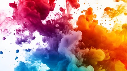 Colorful Ink Droplets: Vibrant ink droplets suspended in motion, blending together on a white background in a mesmerizing display.
