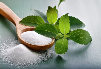 Stevia sweetener in the wooden spoon, with stevia leaves