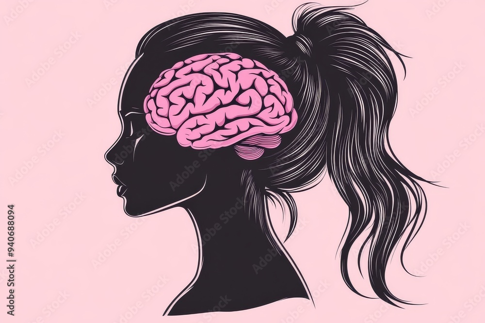 Aufkleber a modern illustration of a woman in profile with a visible brain symbolizing the complexity of thoug