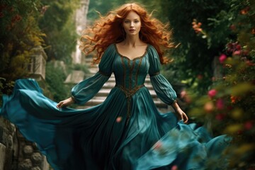 Fototapeta premium Redhead queen in blue velvet dress walking in garden.