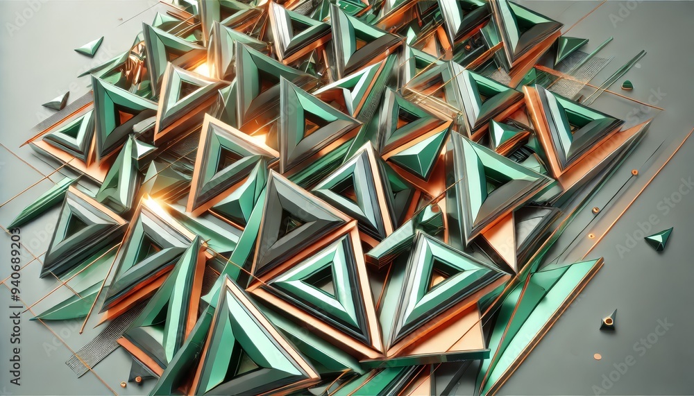 Wall mural 3d image of abstract metallic triangles in green and orange color scheme