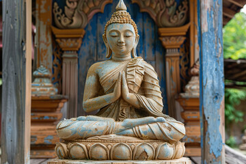 Obraz premium Beautiful greeting card with ancient statue great Buddha to bright holiday composition