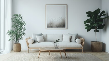 Minimalist Modern Living Room Interior in Scandinavian Style Featuring Clean Lines, Neutral Colors, and Functional Furniture, Perfect for Creating a Stylish and Inviting Home Environment