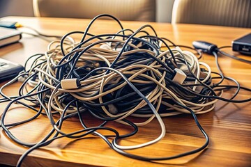 Tangled cables on table. Messy workspace